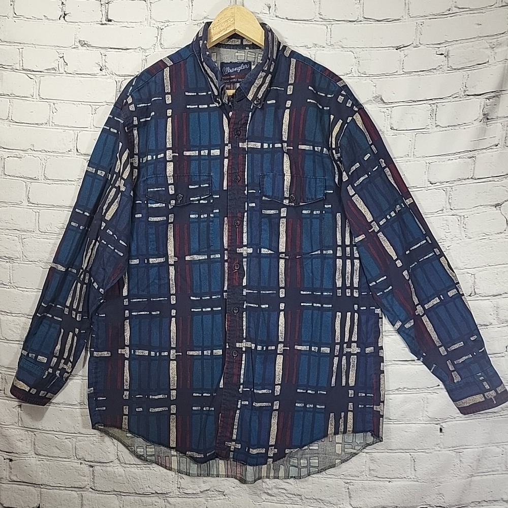 Vtg Wrangler Western Button Up Shirt Men Large Cowboy Cut X-Long Tails 17.5-35